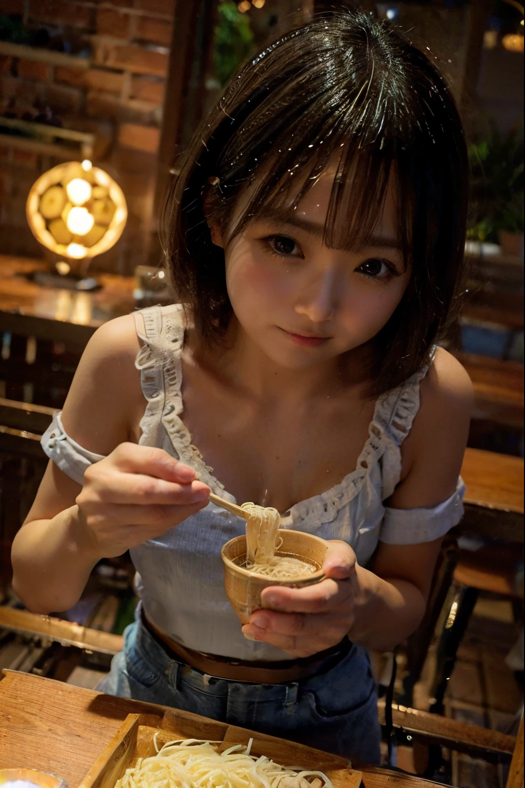 8K, RAW Photo, Best Quality, Masterpiece, Realistic, PhotoRealistic, Extremely Detailed 8K Wallpaper, (Beautifully Detailed Eyes), Finely Detailed Face, 
 BREAK 
High-Key Lighting:1.2, Professional Lighting, 
 BREAK 
nagashi_soumen, 1 Lady is Eating Somen Noodles with Upturned Eyes:1.2, (Using Chopsticks), 
Somen Noodles are Flowing Down Slide with Running Water:1.6, 
Slide is Made of Bamboo, Thin Noodles, [[Ice Cubes, Green Fine Chopped Leeks in Bowl Dish]], 
 BREAK 
Perfectly Anatomically Correct:1.1, 5 Beautiful Finger:1.1, 
 BREAK 
1 Lady, (Very Short Bob Hair:1.0), Japanese, Captivating Eye Reflections, Wide-Set Eyes, Big Eyes, Almond-Shaped Eyes, Tareme, Double Eyelids, Eye Bags, (Very White Skinned), 22-Year-Old, 
Round Face, Chiseled Face, Round Chin, Thin Lips, Small Nose, Oval-shaped Face, 
Brown Hair, 
(Side Glancing Viewer:1.2, Eyes Widen:1.0), 
Very Delicious:1.2, Happy Smiling:1.2, 
Wearing Marc Jacobs Off Shoulder Top + Marc Jacobs Short Shorts, 

 BREAK 
SFW:1.0, 
 BREAK 
((Soft Saturation, Soft Contrast)), Long Shot, Eye Focus, Bokeh:1.2