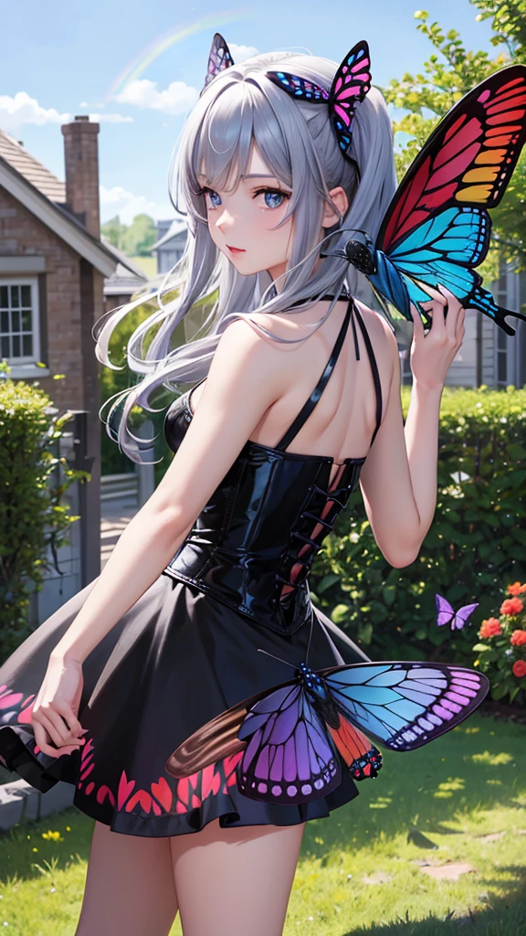 A rainbow-coloured butterfly flying in the front yard, Very detailed, 4K Real、Highest quality, masterpiece,Gray Hair, blue eyes, Upper Body,Gorgeous Background,One girl, Flowing Hair、Black bustier、Black tight skirt、Red Heels
