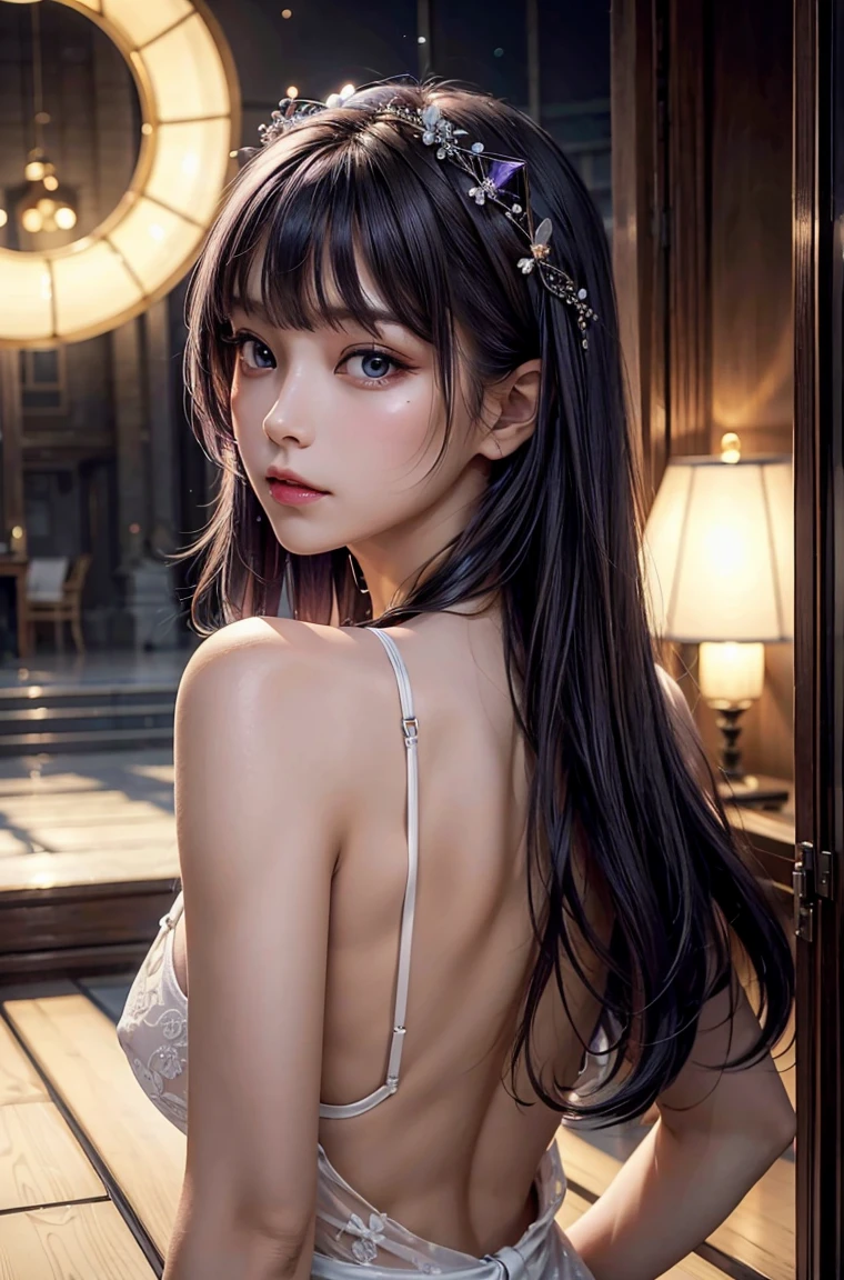 masterpiece, 1 beautiful girl, Delicate eyes, Purebred face_v1, Top quality, Ultra high resolution, (Reality: 1.4), Japanese, Korean, very beautiful, Beautiful skin, slim,Very sexy, (超Reality), (high resolution), (8K), (Very detailed), Delicate face, Bright Lights, Professional lighting, Looking at the audience, Face straight ahead, White backless see-through dress,big nipples, black and purple hair, long hair, long hair與辮子, Bangs,hair accessories。
