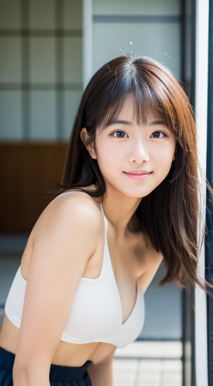 lens: 135mm f1.8,(Highest quality), (Cute and beautiful 24 year old Japanese girl), (Moisturized lips), Narrow eyes, double eyelid,Delicate clavicle,Flat Chest,Shortcuts, shame, A faint smile,(Professional Lighting:1.2), (Beautiful Police woman), (Sunburned skin:0.2),Full body photo、Full Body Focus、Stand upright、Showing from the knees up、sit、Anatomically correct、Top-down angle、スタイリッシュなトイレにsit、