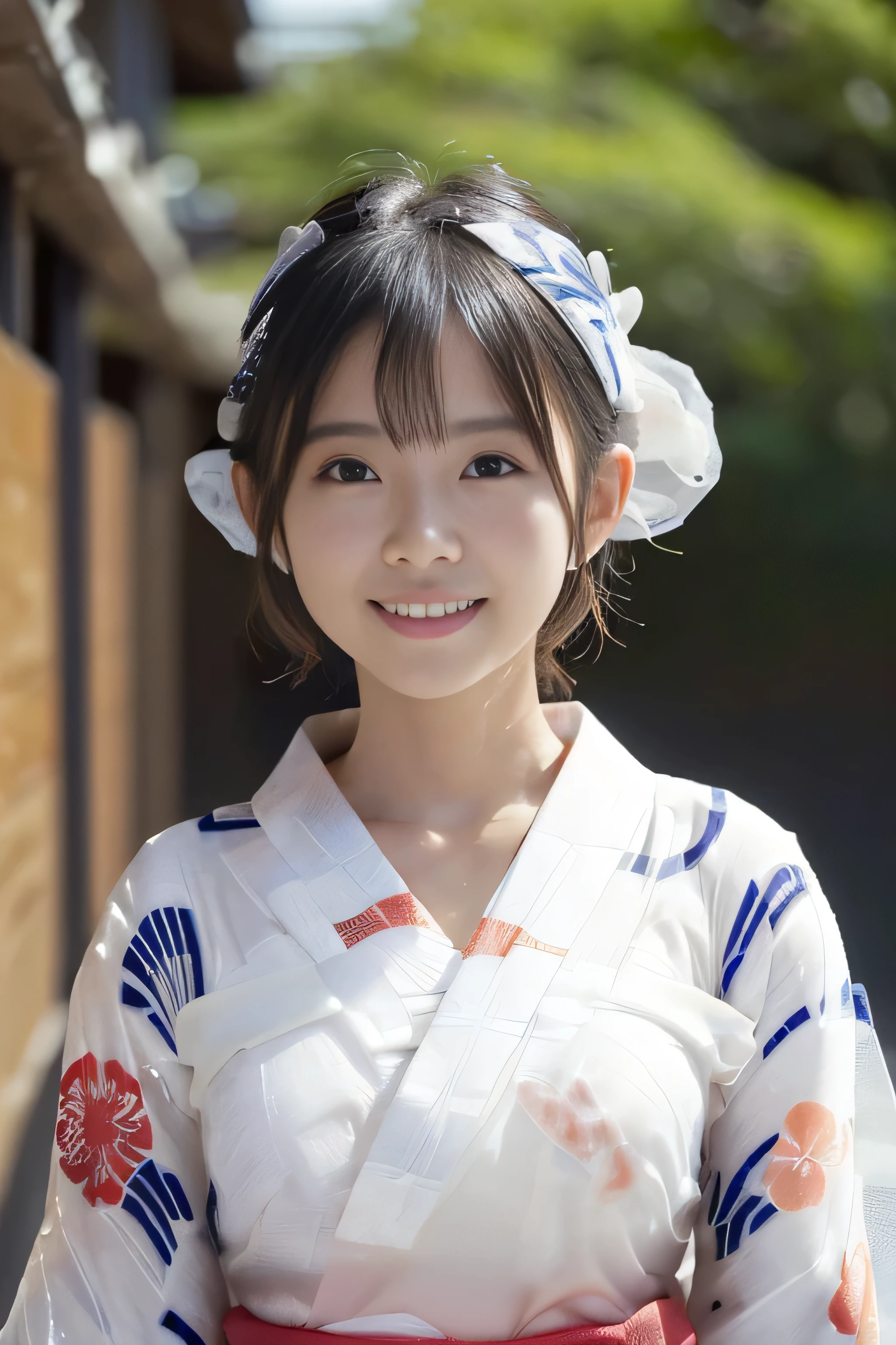 (((A white yukata made of thin, see-through fabric:1.4)))、(((Simple obi:1.4))), (())、Random Pause、(Highest quality,masterpiece:1.3,Ultra-high resolution,),(Very detailedな,Caustics),(Photorealistic:1.4,RAW shooting,)Ultra-Realistic Capture,Very detailed,High resolution 16K human skin closeup、 Natural skin texture、、Skin tone is even and healthy looking、 Use natural light and colour,1 girl,Japanese,cute,Black-haired,Medium Straight Hair, (((Huge bust:1.4))), smile,,(Written boundary depth、chromatic aberration、、Wide range of lighting、Natural Shading、)、(Kimono with open front),