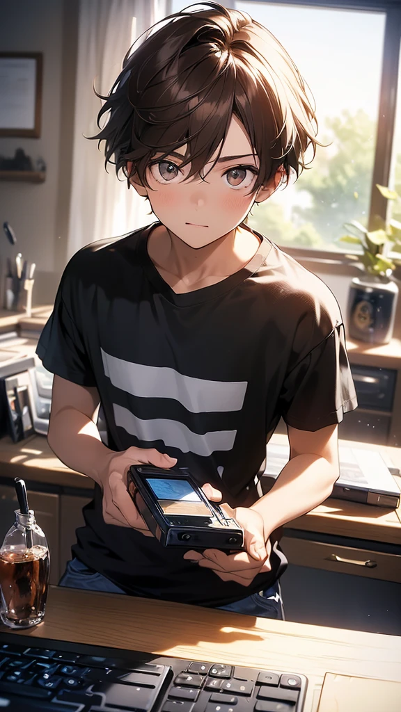 (artistry, best qualityer, ultradetailed, high resolution, 4K),(beautiful detailed eyes),(very highly detailed face),(1 young boy),HDR, A beautiful 16 year old boy, brown colored hair, brown colored eyes, wearing a black t-shirt and blue jeans, in your room, sitting at his desk, typing on your computer keyboard.