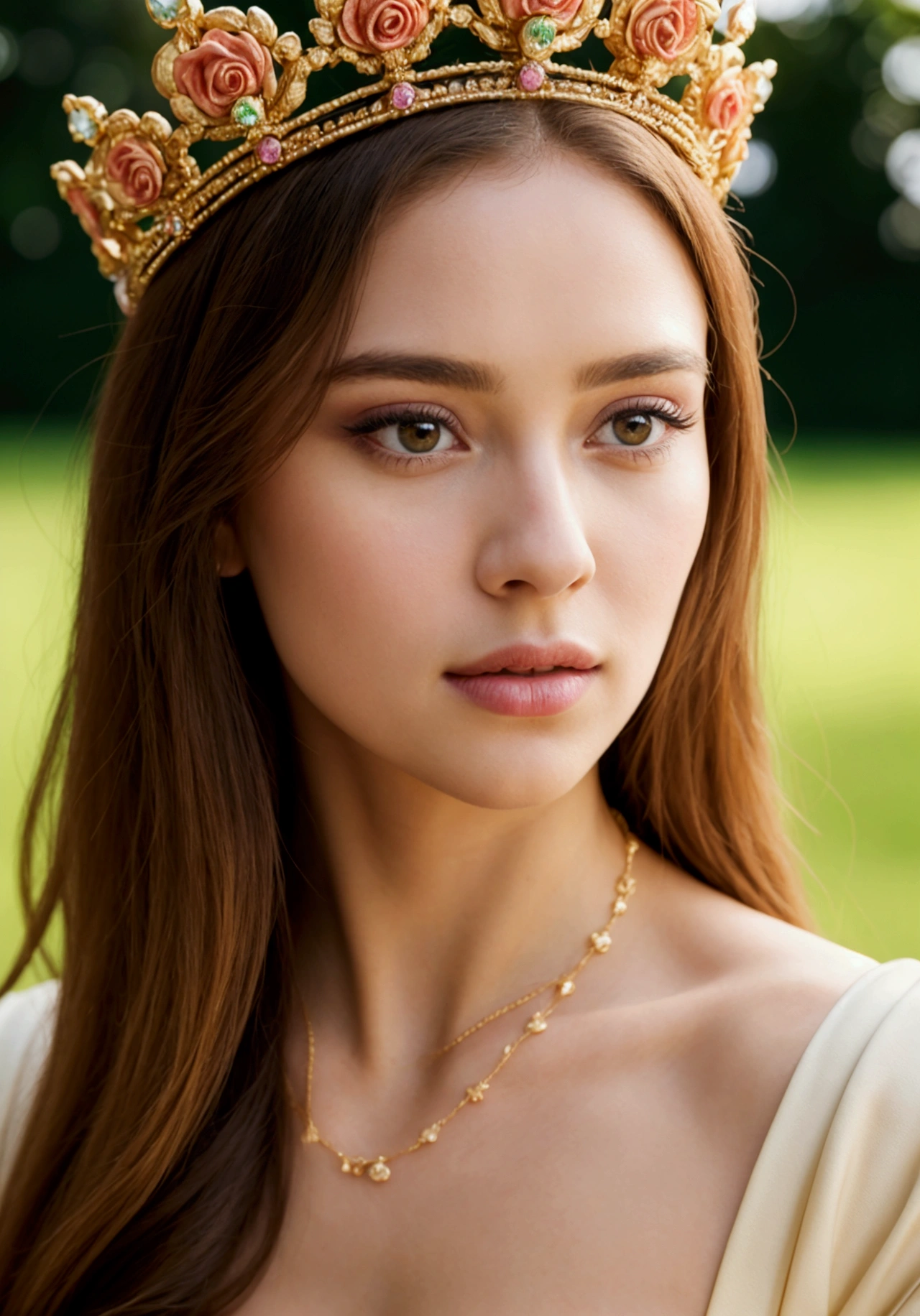 Masterpiece, beautiful queen, Wear a Jewelry Crown,Goddess Face,Versailles Rose Garden, high resolutionที่ความละเอียด 4k, Sharp focus, With extremely detailed faces and realistic visual styles., Highly detailed face, Bright white skin with high detail, high resolution, Realistic photos, movie light, depth of field, Bokeh