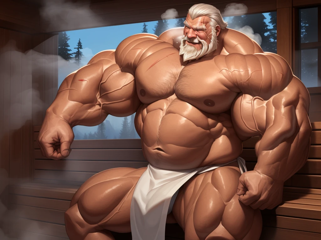huge muscular old man soaking in an sauna, white and short hair, white beard, old, old man, grandpa, , huge scar on chest, , (huge muscular), steam, detailed muscles, 8k, masterpiece:1.2, hyperrealistic, white fundoshi:1.2, highly detailed full body, ((really big muscle, massive muscular, sixpack, thick arms, wide pectoral, super huge muscle, huge shoulder, hyper muscular, floating steam, over sized muscle, huge arms, big arms, huge pectoral)), rich colors, landscape, soft ambient lighting, wrinkled skin, happy expression, peaceful relaxation