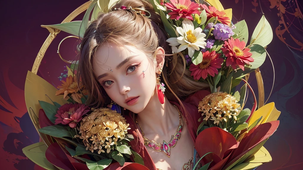 32K, 最高quality, 最高masterpiece, (ultra-Detailed Background, Detailed Background), Absurd, High resolution, Super detailed, Very detailedな, One girl, (bouquet:1.3), (Tangled:1.2), (Geometric:1.2),(colorful),(masterpiece, quality, best quality, Official Art, Beautiful and beautiful:1.2), (1 girl:1.3), Very detailed,(colorful:1.1)(Flowers:1.3),Most detailed,(Tangled:1.2), whole body, (Abstract background:1.3), (Skin glows), (Many colors:1.4), ,(Earrings Jewelry:1.5), Pale Red Background,