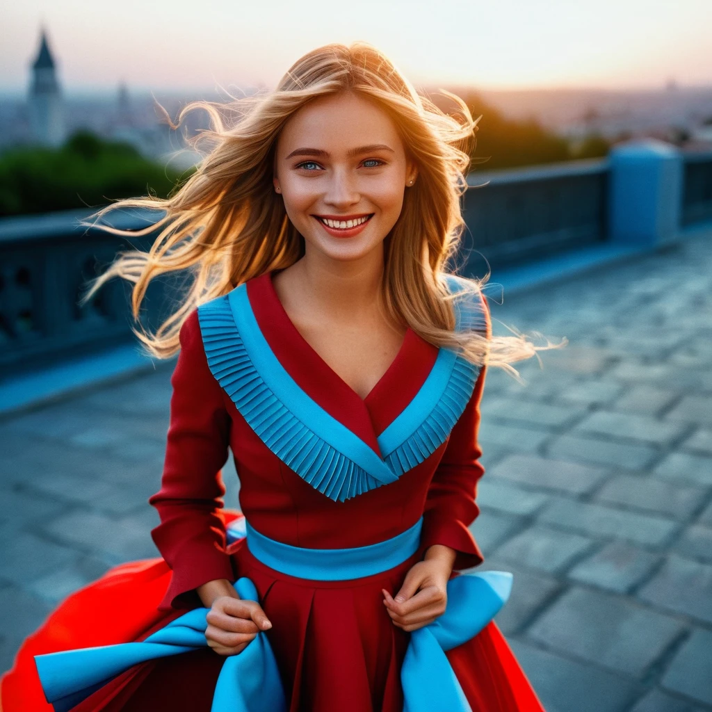 (authentic:1,1) (shy:0,9) (smiling:0,4) blondy woman passionately in love with her skirt , wearing (long (pleated) full circle skirt beige) and (low heeled office shoes), very intricate hyper-detailed symmetric (attractive graceful feminine face) with (sad, tired eyes and shy smile), large breasts, full of empathy and compassion and love, (pronounced (feminine) features), (highly detailed ultra accurate realistic) hands and fingers, (windy conditions and wind blowing), long hair, epic composition, highly detailed attributes, extremely high quality RAW photograph, true romantic love, high-angle shot, cinematic shot, dynamic lighting, 75mm, Technicolor, Panavision, cinemascope, sharp focus, fine details, 8k, HDR, realism, realistic, key visual, film still, superb cinematic color grading, depth of field