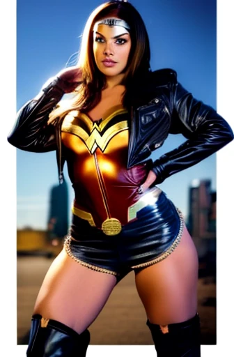 Wonder Woman Costume, big , Slut, Kiss mark on crotch, Blonde, Leather Goggles, leather jacket, Leather Suit, Leather boots, Leather Handbags, Handsome young man, Kiss a woman