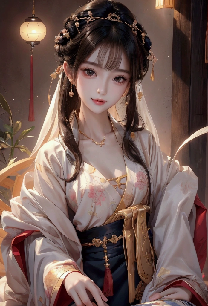 Best image quality、8k、masterpiece:1.3))、Realistic high-quality photos、Highest quality、 Beautiful face、Photos of slim models、Beautiful girl model、Young and pretty face、Beautiful model girl、A lovely and delicate face、Black Hair、Beautiful brown eyes、Young Body、Hanfu, (emphasize)、from the front、Camera gaze,、Anatomically correct、胸の谷間をemphasize、whole body、13-year-old female model、smile、Japanese women
