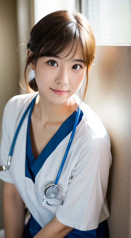 lens: 135mm f1.8,(Highest quality), (Cute and beautiful 24 year old Japanese girl),  (Moisturized lips), Narrow eyes, double eyelid,Delicate clavicle,Flat Chest,Shortcuts,  shame, A faint smile,(Professional Lighting:1.2), (Beautiful nurse), (Sunburned skin:0.2),Full body photo、Full Body Focus、Stand upright、Showing from the knees up、sit、Anatomically correct、Top-down angle、スタイリッシュなトイレにsit、