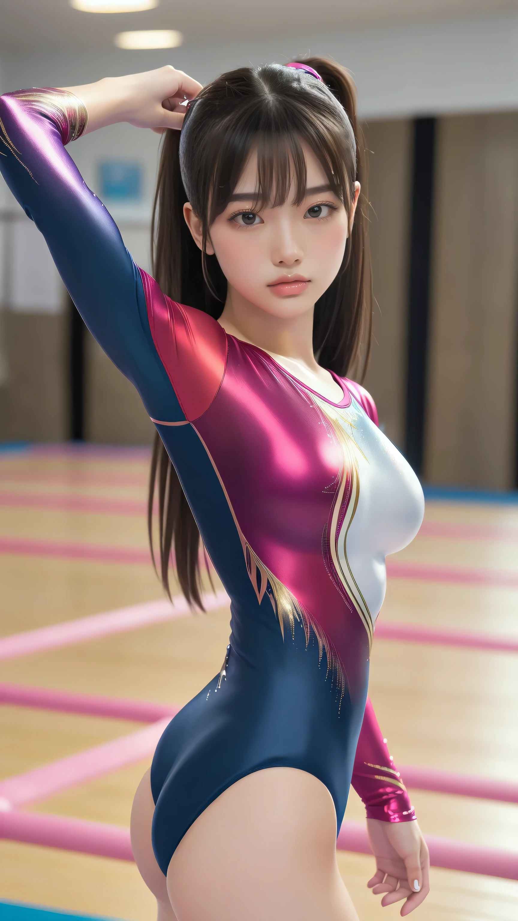 ((indoor, 新Gymnastics Venue, Gymnastics Venue:1.3)), (Highly detailed skin, Beautiful realistic face, White skin, Pointed Chest, Small nipples, Perfect Anatomy, Realistic eyes, Natural Eyes, Brown eyes, Accurate eye focus, Accurate limbs), (Hyper Realist, ultra-realistic, 4K, Attention to detail, Ultra-high resolution, Highest quality, masterpiece, Presence, dynamic, Uplifting, bold, Sharpness), (Thinning hair:2, Soft Hair:2, Straight hair:1.5, Long, slicked bangs, Light copper amber hair, Hair on one eye, Twin tail hair), (Female gymnast, Detailed costume, She wore a tight-fitting long-sleeved leotard.:1.5), Shiny long sleeve leotard, Metallic colors long sleeve leotard, Racing long sleeve leotard, ((High leg long sleeve leotard, Long sleeve leotard with crystal embellishment)), ({Metallic red color| Metallic purple color| Metallic white color| Metallic navy color| Metallic pink color| Metallic gold color| Metallic silver color| Metallic black color| Metallic colors}Long sleeve leotard colors), (Big Breasts:1.5), Tall, Elongated arms and legs, Small waist, Small hips, The long-sleeved leotard is digging into her butt, With legs spread, barefoot, Full body portrait, Showing the whole body, looking at the camera, Looking into the camera, smile, Standing woman, (Underhair does not grow),