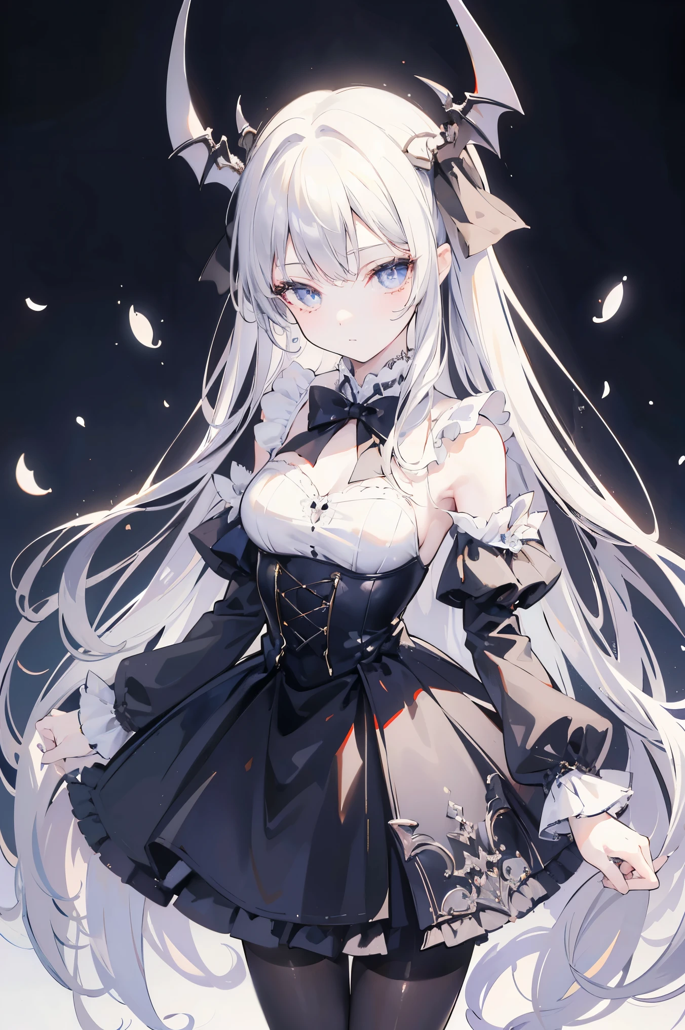 realism: 1.3, masterpiece, Highest quality, high resolution, detail: 1.2, 1 Vampire girl, Long hair, Pretty Face, Exquisite eyes, Ribbon, Elegant standing posture, aesthetics, Movie Lighting, Ray Tracing, Depth of Field, Number of layers, Fluttering, whole body, black and white pantyhose
