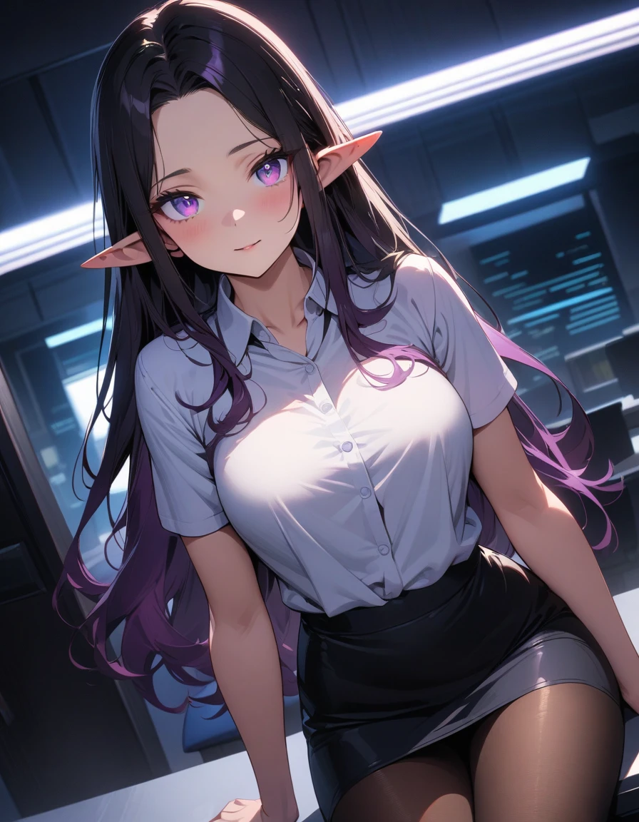((best quality, best quality, masterpiece, Ultra HD, High Dynamic Range, Ultra-high resolution)), ((Extremely detailed illustrations:1.2)), 1 girl, Solitary, Anime style, Dynamic Lighting, Dynamic Angle, Looking at the audience, indoor, office, (Beautiful and delicate face, Beautiful and smooth skin, Glowing skin, Pointed ears, Middle chest), (Beautiful and fine hair, partedbangs, Long hair, Black Hair, Dark purple hair, Multi-colored hair), (Beautiful and delicate eyes, Beautiful detailed pupils, Violet eyes), (White shirt, Collared shirt, Short sleeve, Black mini skirt, Pantyhose)