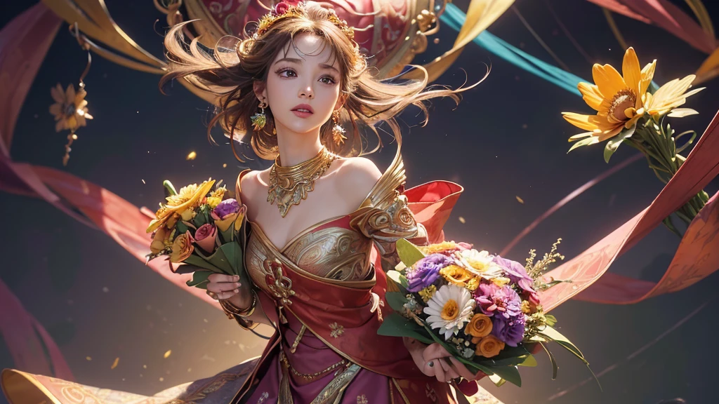 32K, 最高quality, 最高masterpiece, (ultra-Detailed Background, Detailed Background), Absurd, High resolution, Super detailed, Very detailedな, One girl, (bouquet:1.3), (Tangled:1.2), (Geometric:1.2),(colorful),(masterpiece, quality, best quality, Official Art, Beautiful and beautiful:1.2), (1 girl:1.3), Very detailed,(colorful:1.1)(Flowers:1.3),Most detailed,(Tangled:1.2), whole body, (Abstract background:1.3), (Skin glows), (Many colors:1.4), ,(Earrings Jewelry:1.5), Pale Red Background,
