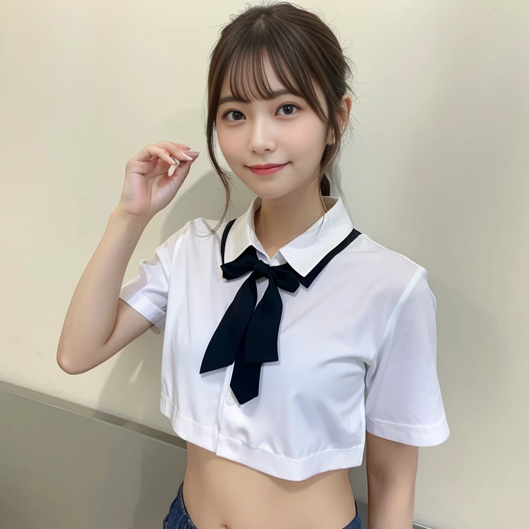Short uniform Japanese I can see my belly button valley chest Draw a modern woman relaxing on a cafe terrace showing her legs.。She has dark brown hair that reaches her shoulders.、Natural wavy style。Her eyes are deep brown、Has a friendly expression。The clothes are simple、White shirt and jeans、Casual sneakers on your feet。A laptop is open on the table.、There is a coffee cup next to it。In the background you can see the warm atmosphere of the cafe and other customers.。She has a gentle smile、Enjoying the surrounding scenery。