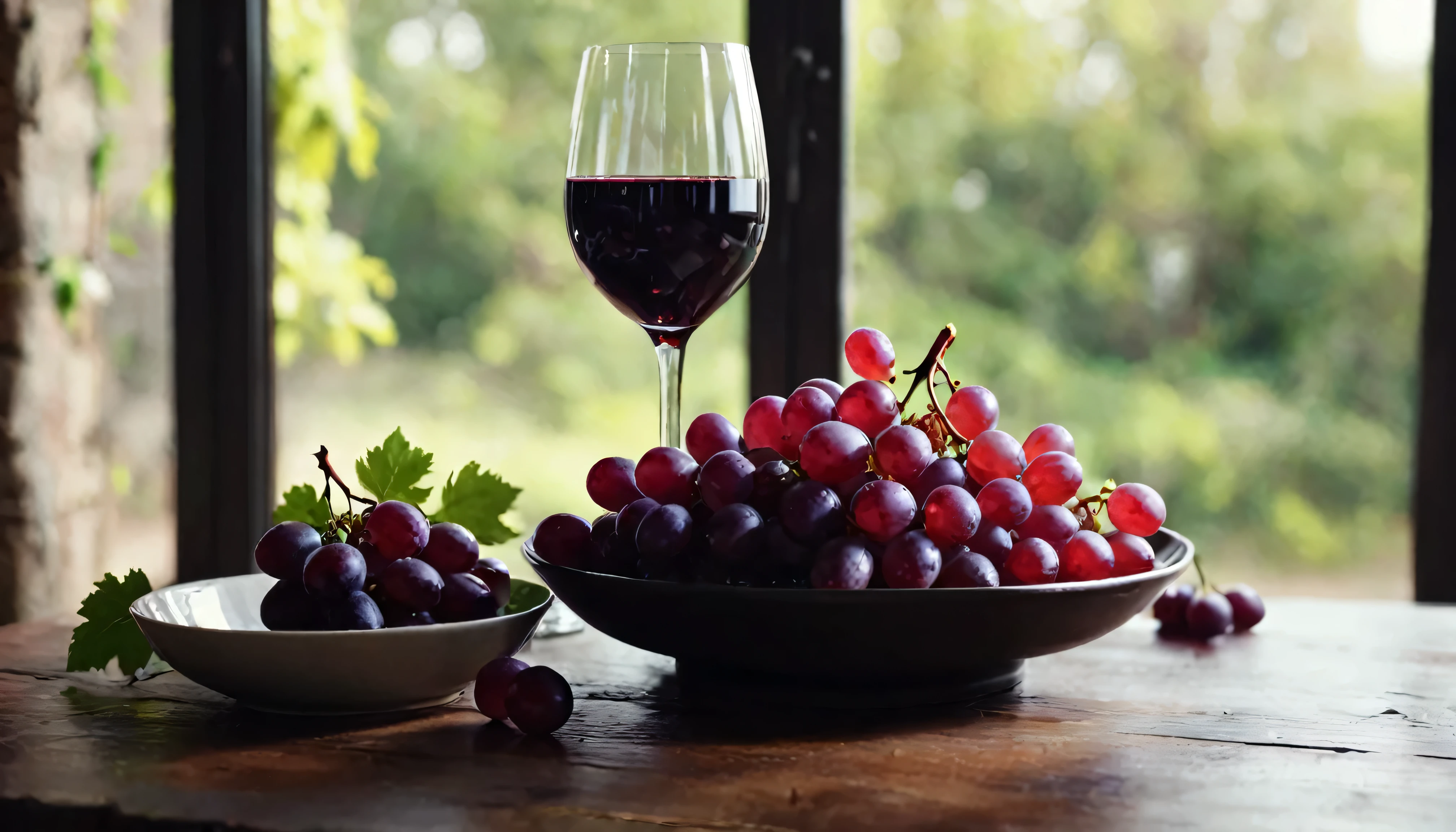 ((Masterpieces in up to 16K resolution):1.6),((soft_color_photography:)1.5), ((Super detailed):1.4),((Typical static images and dynamic angles):1.3),Transparent goblets and a bottle of red wine.A plate of fresh, bright and intact red grapes、with leaves.Served on a delicate black plate.Lay flat on wooden table.Window bokeh background(Shimmer), (Visual experience) ,(realism), (actual),Award-winning graphics, Hidden Shot, film grain, Very detailed, Digital art, instant transfer, Unreal Engine, Scene concept anti-glare effect, All captured in sharp focus.