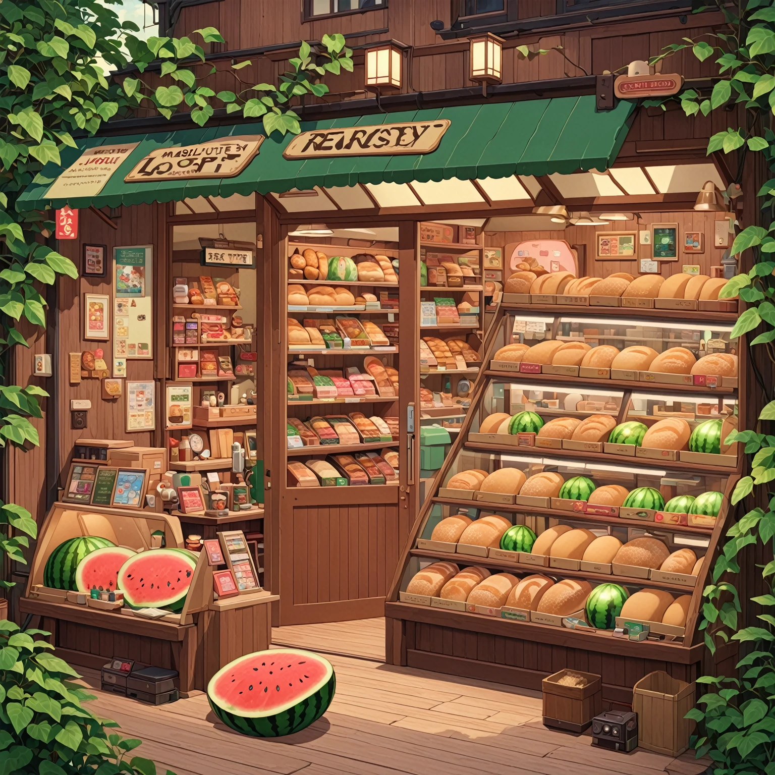 ((Japanese cartoons:1.4,illustration)),(masterpiece, Top quality, best quality),(Extremely detailed, Absolute resolution),((16K, high resolution)), (((Watermelon shape，A miniature model of a large bread shop inside a watermelon, Rich in details, microscopic photo, Photorealism)) ((cosy lofi illustration:1.4)), ((Japanese cartoons:1.4, illustration)),(masterpiece, Top quality, best quality),(Extremely detailed, Absolute resolution),((16K, high resolution)) rest {lofi style, Laurie Greesley&#39;s Style, Makoto Shinkai&#39;s style, Japanese cartoons aesthetic}, rest { (Generates images containing over 40 million pixels of information，Textures with Sony DSLR-like details).}