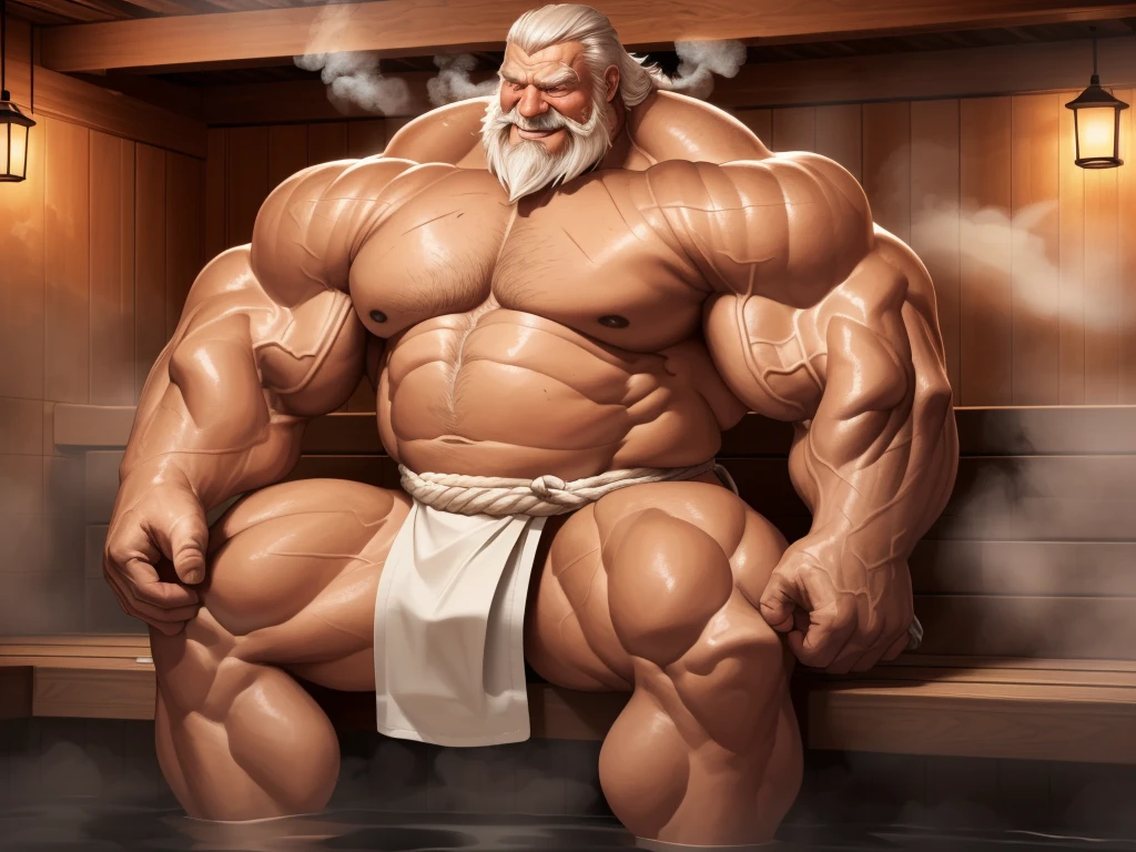 huge muscular old man soaking in an sauna, white and short hair, white beard, old, old man, grandpa, , huge scar on chest, , (huge muscular), steam, detailed muscles, 8k, masterpiece:1.2, hyperrealistic, white fundoshi:1.2, highly detailed full body, ((really big muscle, massive muscular, sixpack, thick arms, wide pectoral, super huge muscle, huge shoulder, hyper muscular, floating steam, over sized muscle, huge arms, big arms, huge pectoral)), rich colors, landscape, soft ambient lighting, wrinkled skin, happy expression, peaceful relaxation