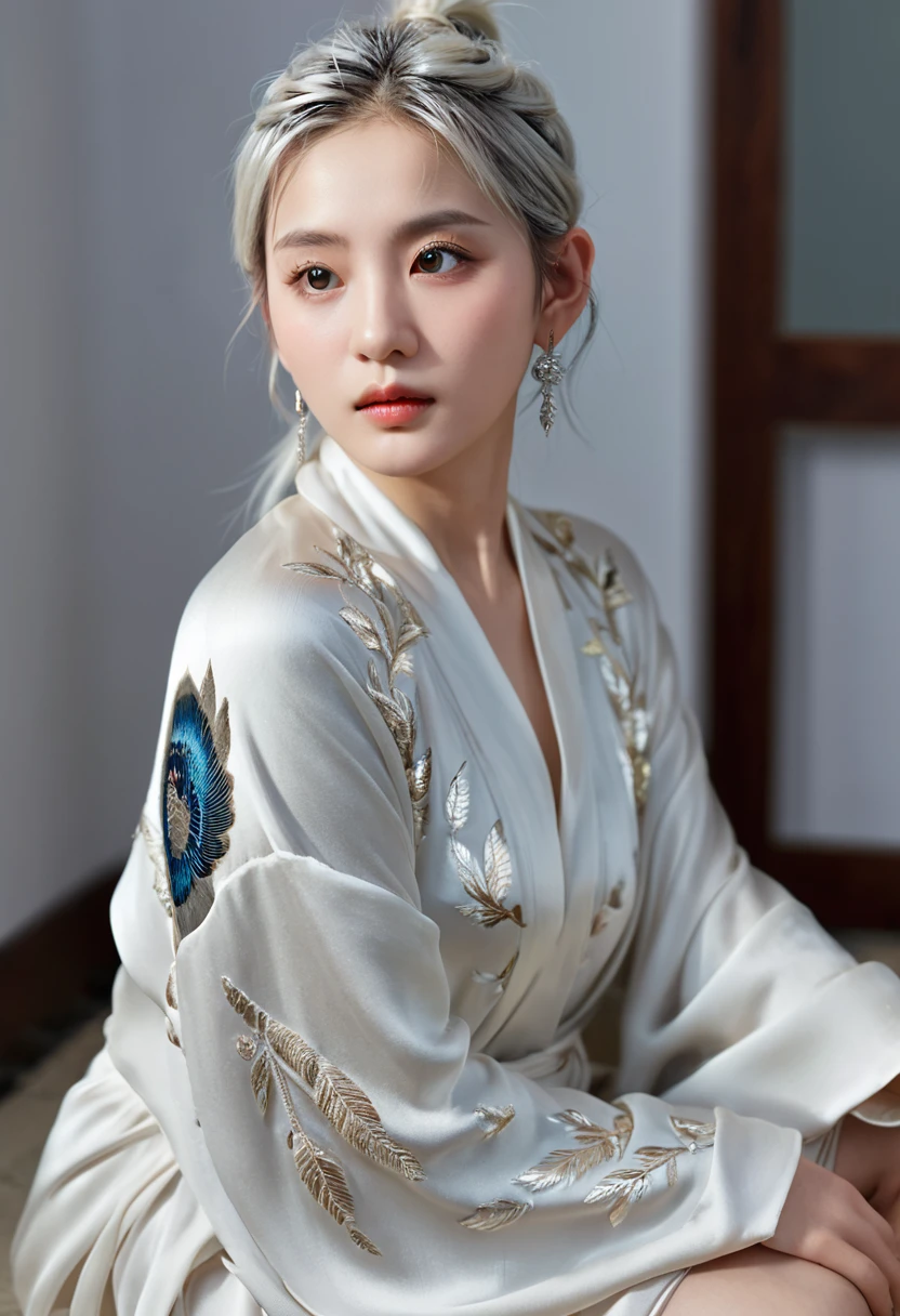 (best quality, masterpiece:1.2), Ultra-high resolution, Practical, forward lighting, Intricate details, Exquisite details and textures, 1 girl, solitary ,(young), Facial highlights, whole body,sit on the floor， Delicate face, Tear mole, White skin, Silver Hair, Ponytail, Braided Hair, Looking at the audience, big eyes, silk robe, (Hollow pattern, White, silk), earrings, Small ???????, Slim, VIP room, Professional lighting, Photon Mapping, Radiosity, Physically Based Rendering, Bird's eye view，  whole body  whole body whole body whole body，Sit on the floor