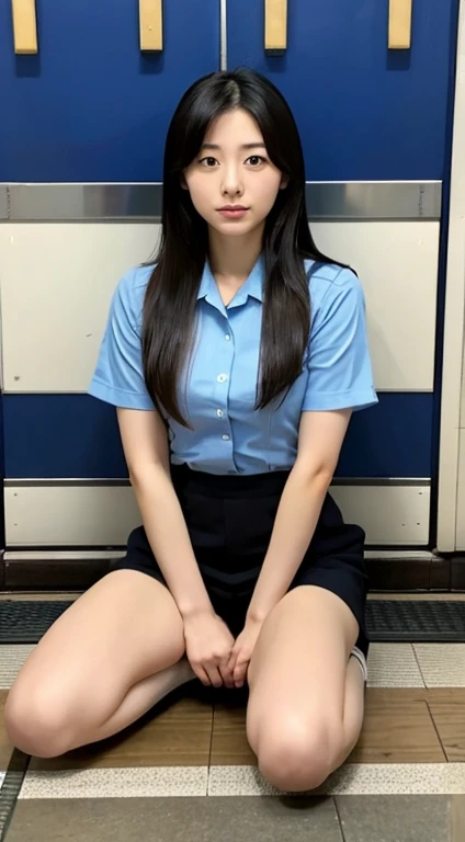 A beautiful Japanese woman, 23 years old、policewoman、Sitting on the floor、Standing upright and expressionless