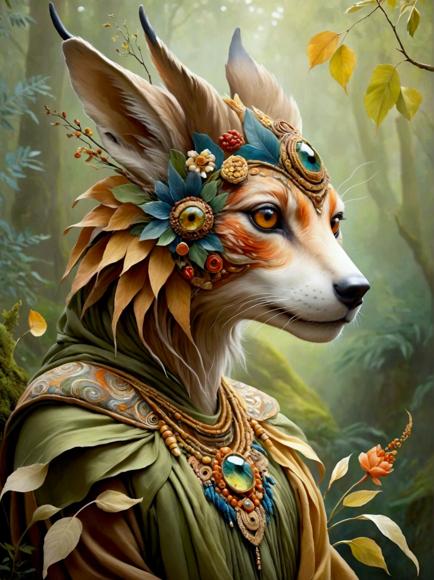 Create an image of a mystical creature that resembles a humanoid animal, draped in heavy, richly decorated garments. Its head should feature a distinct combination of animalistic and human facial elements, and its eyes should glow with a warm, enchanting light. The overall palette should be dynamic, with vibrant colors especially accentuated in the figure's attire and facial features. The background should be a blurry array of natural hues, suggesting a traditional woodland setting.