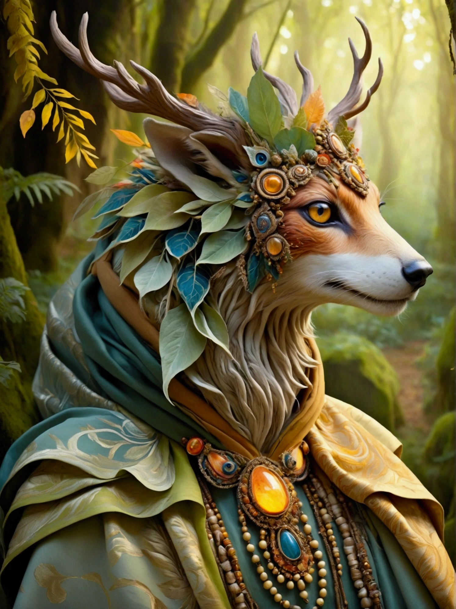 Create an image of a mystical creature that resembles a humanoid animal, draped in heavy, richly decorated garments. Its head should feature a distinct combination of animalistic and human facial elements, and its eyes should glow with a warm, enchanting light. The overall palette should be dynamic, with vibrant colors especially accentuated in the figure's attire and facial features. The background should be a blurry array of natural hues, suggesting a traditional woodland setting.