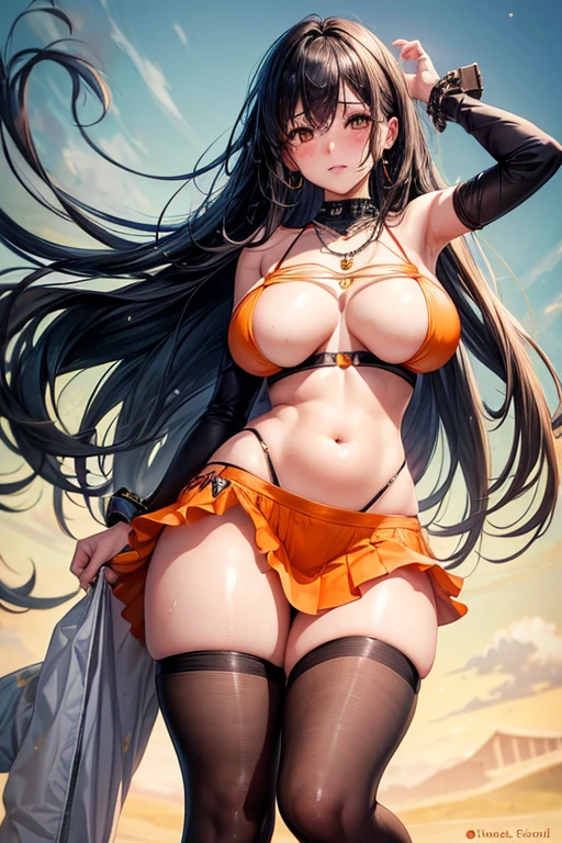 Kaori, Single model, solo, half Asian, half Latino, very long straight black hair, freckles, blushing, wet eyes, long chain pendant, very large heavy breasts, chubby, belly, stretchmarks, low cut orange tube top, skirt, pantyhose collar, cuffs