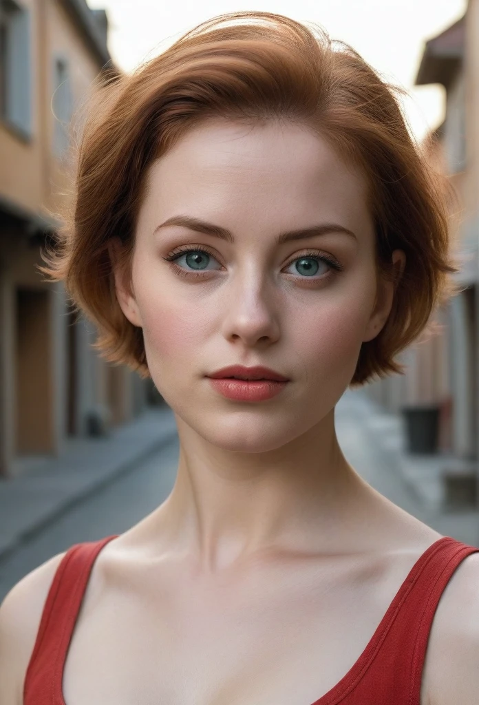 A young woman poses on a quiet street in a resort town. The girl has extremely detailed eyes, beautiful lips, long eyelashes and perfect anatomy. Her fragile body and hands are worked out to the smallest detail, with realistic, photorealistic and the highest quality rendering. The lighting is Rembrandt-esque, creating a dramatic, masterpiece scene. She has a European appearance, with a cute oval face, short red hair and huge breasts. The woman poses in a retro style, looking like a high quality work of photographer David Dubnitsky. Her pale skin shows pores and moles, and she is wearing a tight T-shirt and short shorts. She removes the short shorts and exposes her bare pussy. The scene was shot on a DSLR camera in 8K UHD resolution, with soft lighting and film grain.