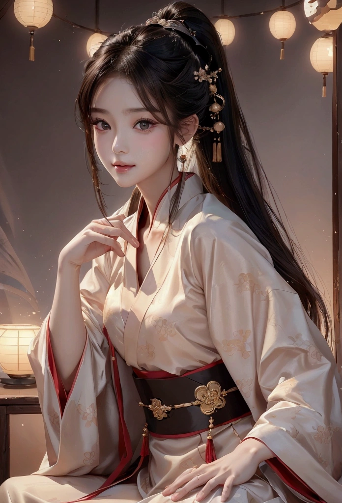 Best image quality、8k、masterpiece:1.3))、Realistic high-quality photos、Highest quality、 Beautiful face、Photos of slim models、Beautiful girl model、Young and pretty face、Beautiful model girl、A lovely and delicate face、Black Hair、Beautiful brown eyes、Young Body、Hanfu, (emphasize)、from the front、Camera gaze,、Anatomically correct、胸の谷間をemphasize、whole body、13-year-old female model、smile、Japanese women、ponytail