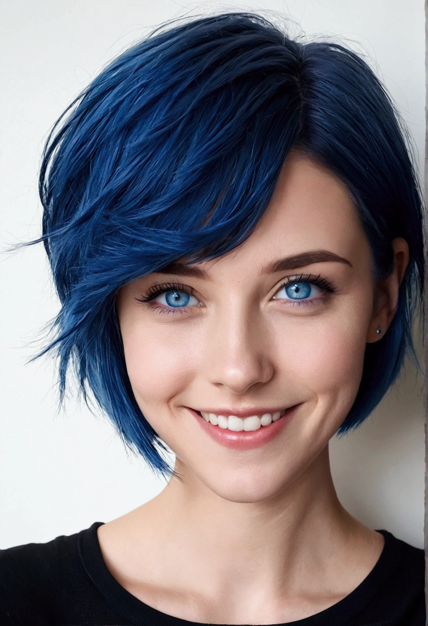 short hair Blue hair Blue eyes Blue combination Smile with confidence Correct members