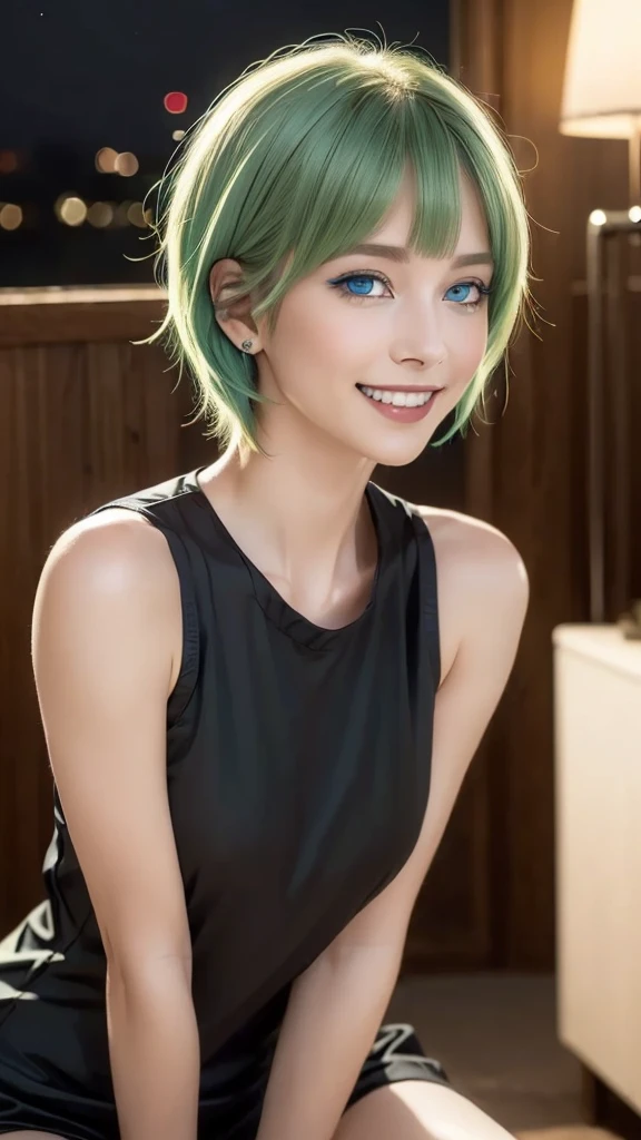 (representative work:1.4), (8K, realistic, RAW photo, Highest image quality:1.4), (24 year old mature woman), (smile:1.3), (side hot:1.5), beautiful face, (realisticな顔), (light green hair, medium hair:1.3), beautiful hairstyle, realistic eyes, Detailed and beautiful eyes, (realisticな肌), beautiful skin, (close up:1.3), charm, 超High resolution, ((dark night:1.4)), (blue eyes;:1.3)