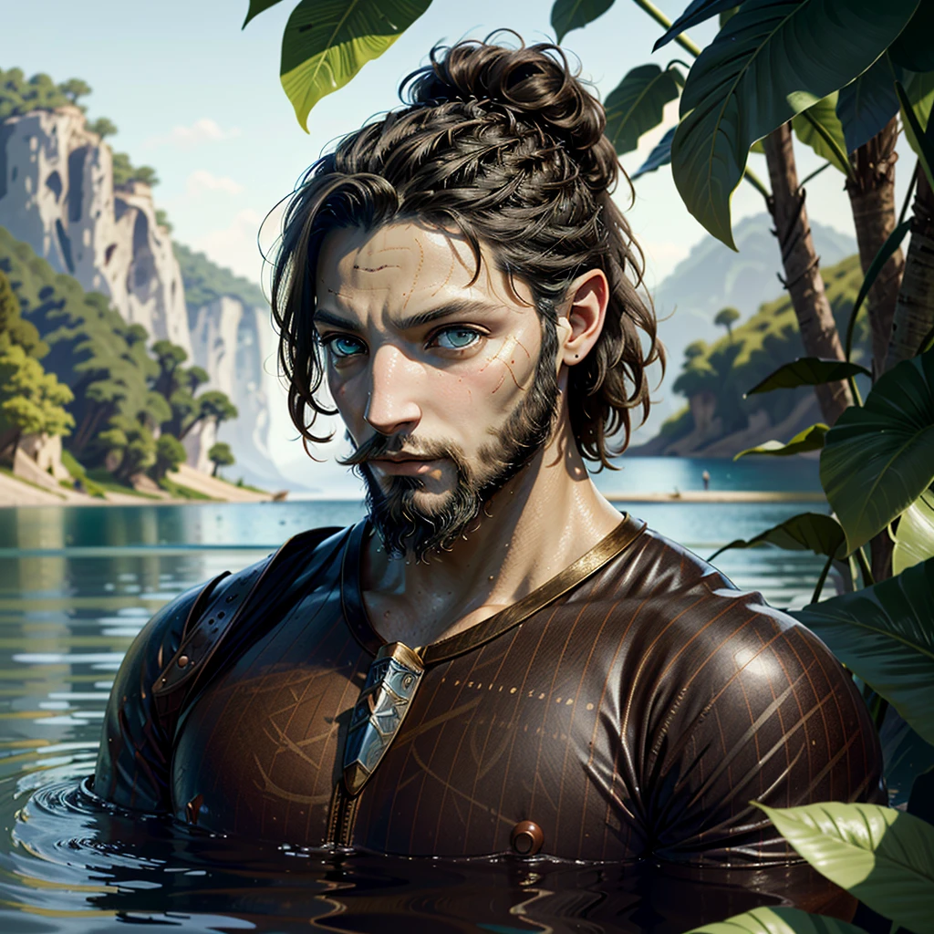 ((ultra detailed, masterpiece, absurdres))
1man, beard, black skin, green eyes, dark blond hair, looking at viewer, portrait, in a lake, short hair, 