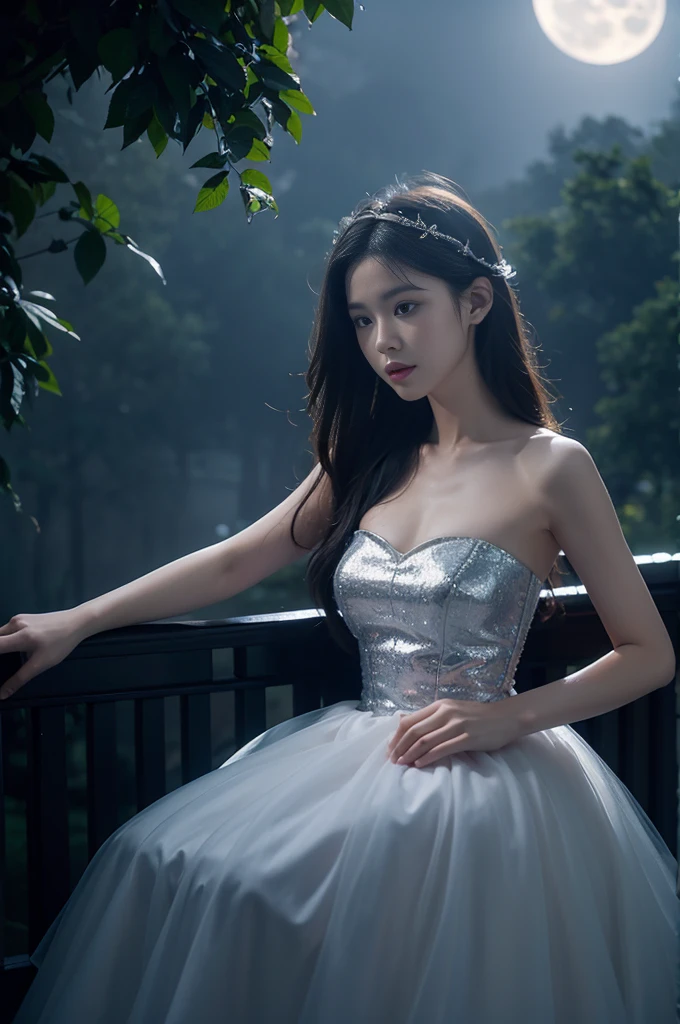 death,strapless dress, Deep in Wonderland，Moonlight falls like water，Foggy Room，The heroine&#39;s figure is vaguely visible，Like a fairy in a painting，Slender sexy legs，Very beautiful legs，Large Breasts，Visible cleavage，美丽而又带着一丝mystery的色彩。Her face is beautiful and delicate，Showing extraordinary beauty。Twinkling Stars，Show the light of perseverance and wisdom。The bridge of the nose is straight，Cherry lip color，The slightly upturned corners of the mouth reveal confidence and calmness。Clearly defined face，Skin like jade，Reveal healthy glow，Just like fairies, Her makeup is light and delicate，No excessive embellishment，Show her temperament and charm。Light foundation highlights the translucence of the skin，A light eyebrow pencil outlines her perfect eyebrow shape，Eye makeup is eye shadow and eyeliner，Make her eyes brighter、Energetic。嘴唇涂上grace的口红，Add a touch of charm and sophistication。Clothes fluttering。Hair tied haphazardly behind the head，Secure with a jade hairpin，A few strands of hair fluttering gently in the wind，Add a touch of softness。Beautiful landscape，Attracted everyone&#39;s attention。Large Breasts美丽、grace、mystery、Full of power。