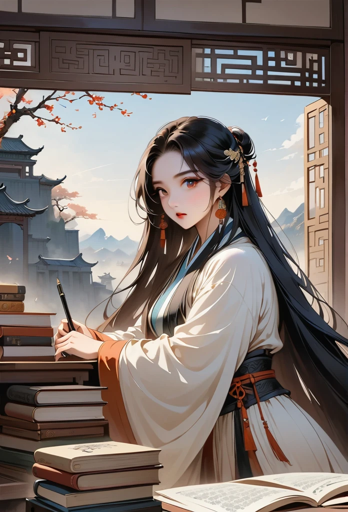 Chinese Song Dynasty,beautiful girl,Light Hanfu,beautiful eyes,staring at the audience,There is a table in front of her,There was a stack of books on the table,Pen, ink and paper,huge window behind,Beautiful scenery and moonlight outside the window,antiquity,Chinese elements,
