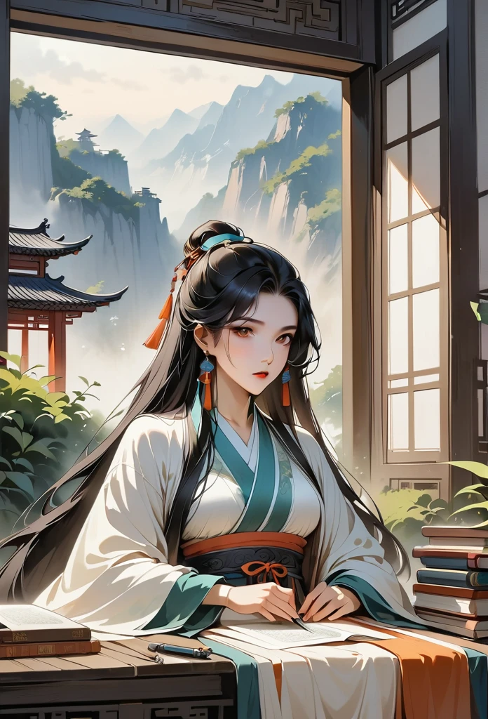 Chinese Song Dynasty，beautiful girl，Light Hanfu，beautiful eyes，staring at the audience，There is a table in front of her，There was a stack of books on the table，Pen, ink and paper，huge window behind，Beautiful scenery and moonlight outside the window，antiquity，Chinese elements，