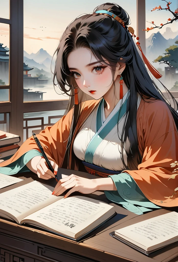 Chinese Song Dynasty,beautiful girl,Light Hanfu,beautiful eyes,staring at the audience,There is a table in front of her,There was a stack of books on the table,Pen, ink and paper,huge window behind,Beautiful scenery and moonlight outside the window,antiquity,Chinese elements,
