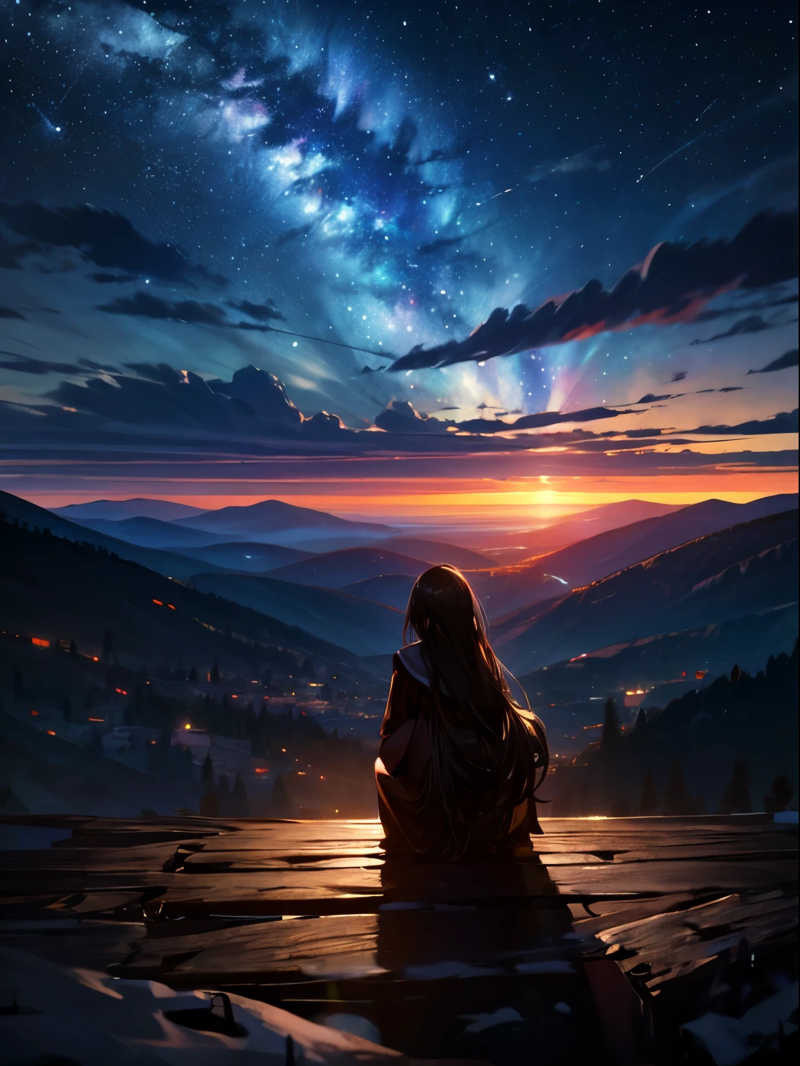 masterpiece,highest quality,ultra-detailed,high-definition background,8k,hi-res,high quality,BREAK,null, star (null), scenery, starry null, night, One girl, night null, alone, Outdoor, building, cloud, milky way, Sitting, wood, Long Hair, Mountain, silhouette, Mountainscape,((Dangerous,mountainous))