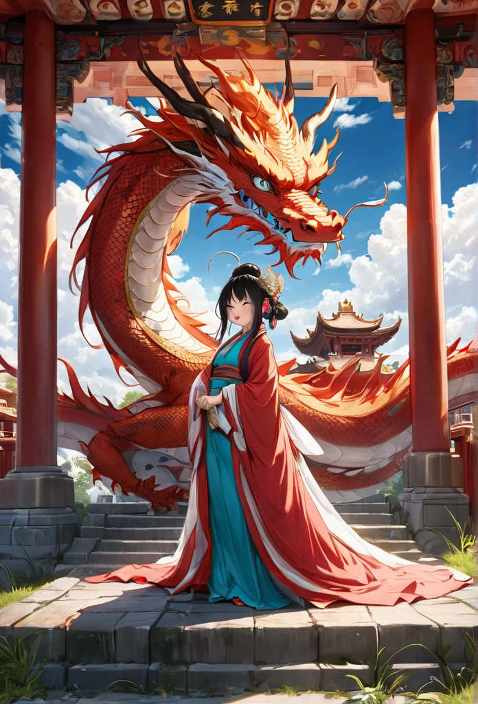 (masterpiece, best quality:1.2), bite_style,1 person,girl,Divine bit,dragon,cloud,Temple,cartoon