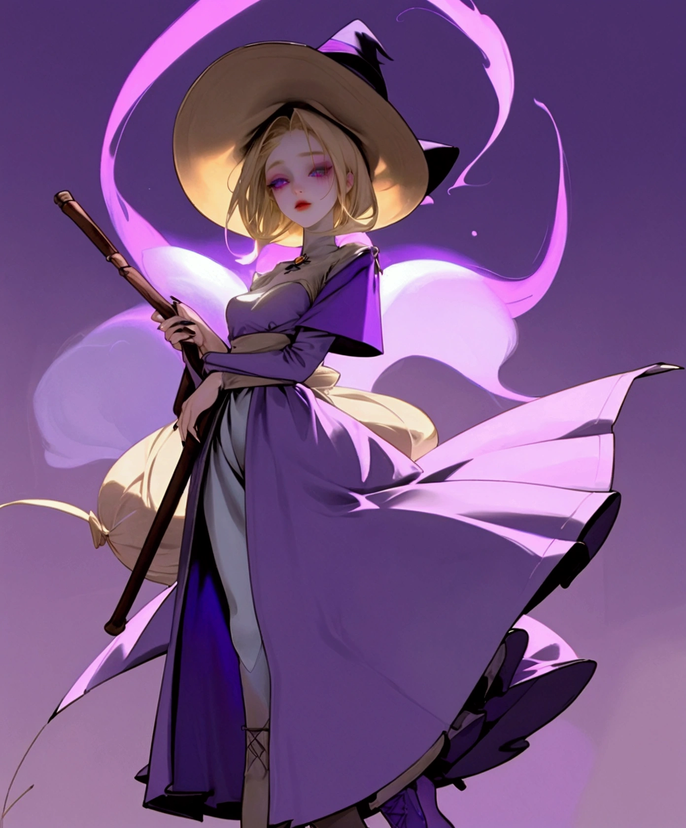 long, light blonde hair, slim, expressive purple eyes, purity, witch, pale, breasts big, Waist slender, looks 20 years old, melancholy, tight black clothes, long nails, full body image, She standing holding a cauldron with glowing smoke, purple hues, wearing many jewelry, Legs long, tight dress, High Heeled Boots