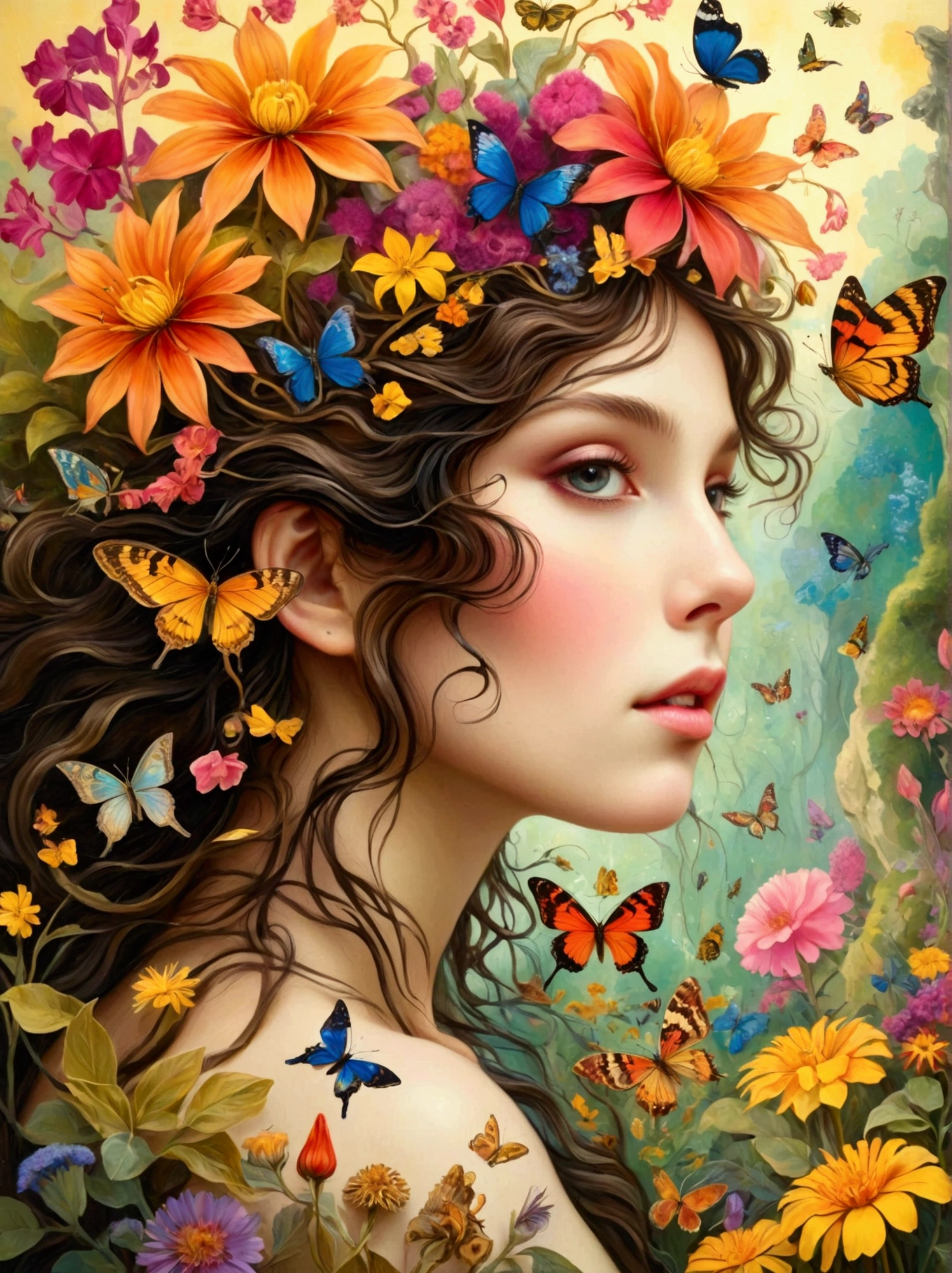 A mystical forest nymph of unspecified descent gracefully posing amidst a burst of vibrant, colorful flowers and butterflies, surrounded by the lively flora and fauna. Her depiction is reminiscent of art from the late 19th and early 20th centuries complimented by the use of golden tones and intricate patterns often seen in the Symbolist movement, painted on canvas. The viewpoint mimics the closeness of a macro lens, drawing attention to intricate, exquisite details, and evoking a fantasy-filled atmosphere.