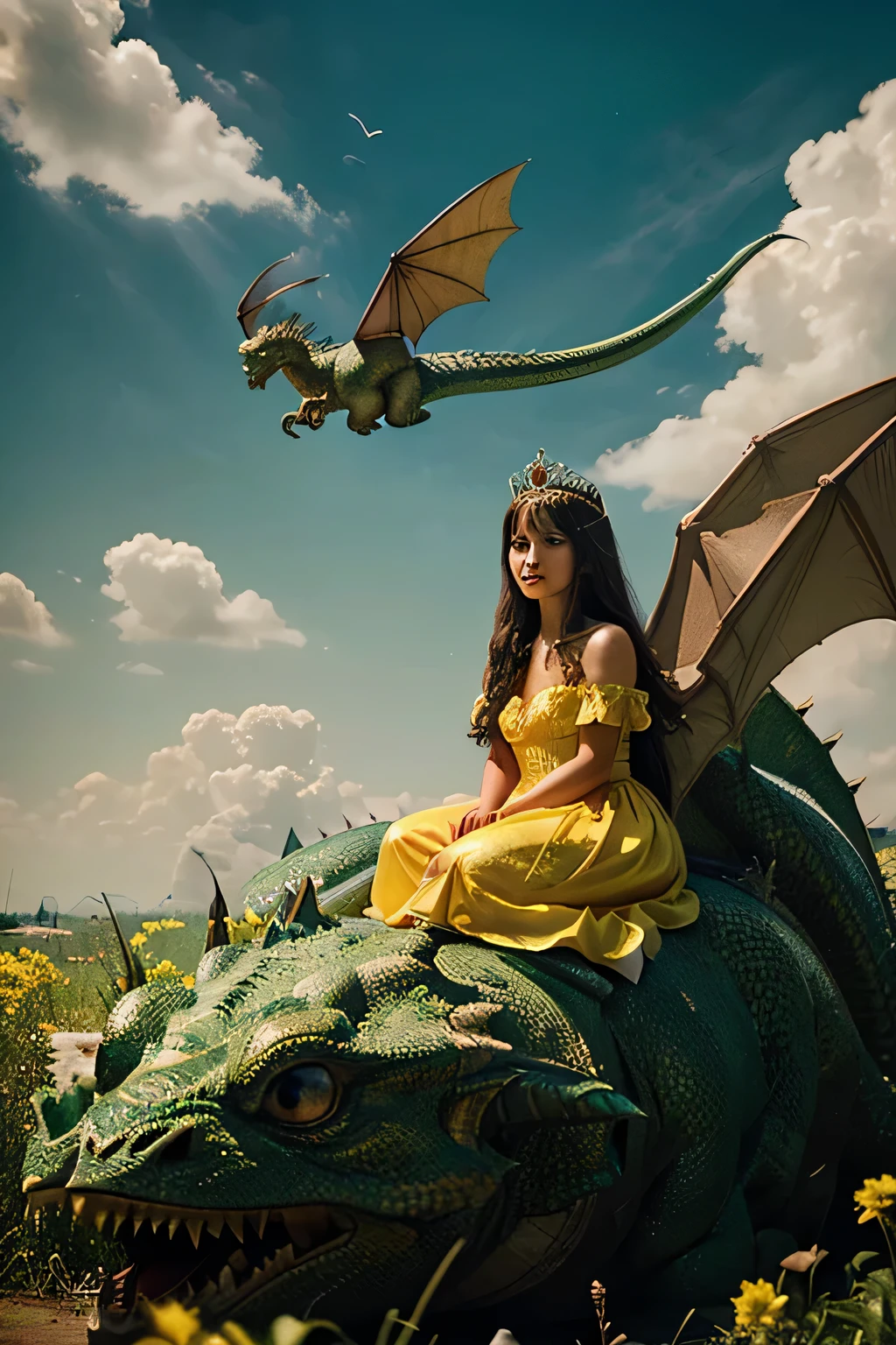 A little princess sits astride a huge dragon dressed in a yellow fluffy dress., a diamond tiara and she has long wavy dark hair, flies on a dragon across the sky. Dragon color - brown-green. They're flying across the sky. The main thing is that you can see the dragon from its nose to the tip of its tail on which the princess is flying while sitting., and there are rocks around, forests, fields and sky. The drawing should look like a modern photograph. The dragon must soar, wave in all directions and at the same time the princess could be seen, and the whole dragon, and most importantly, they fly high, high in the sky in the distance. The painting should look like a modern photograph.