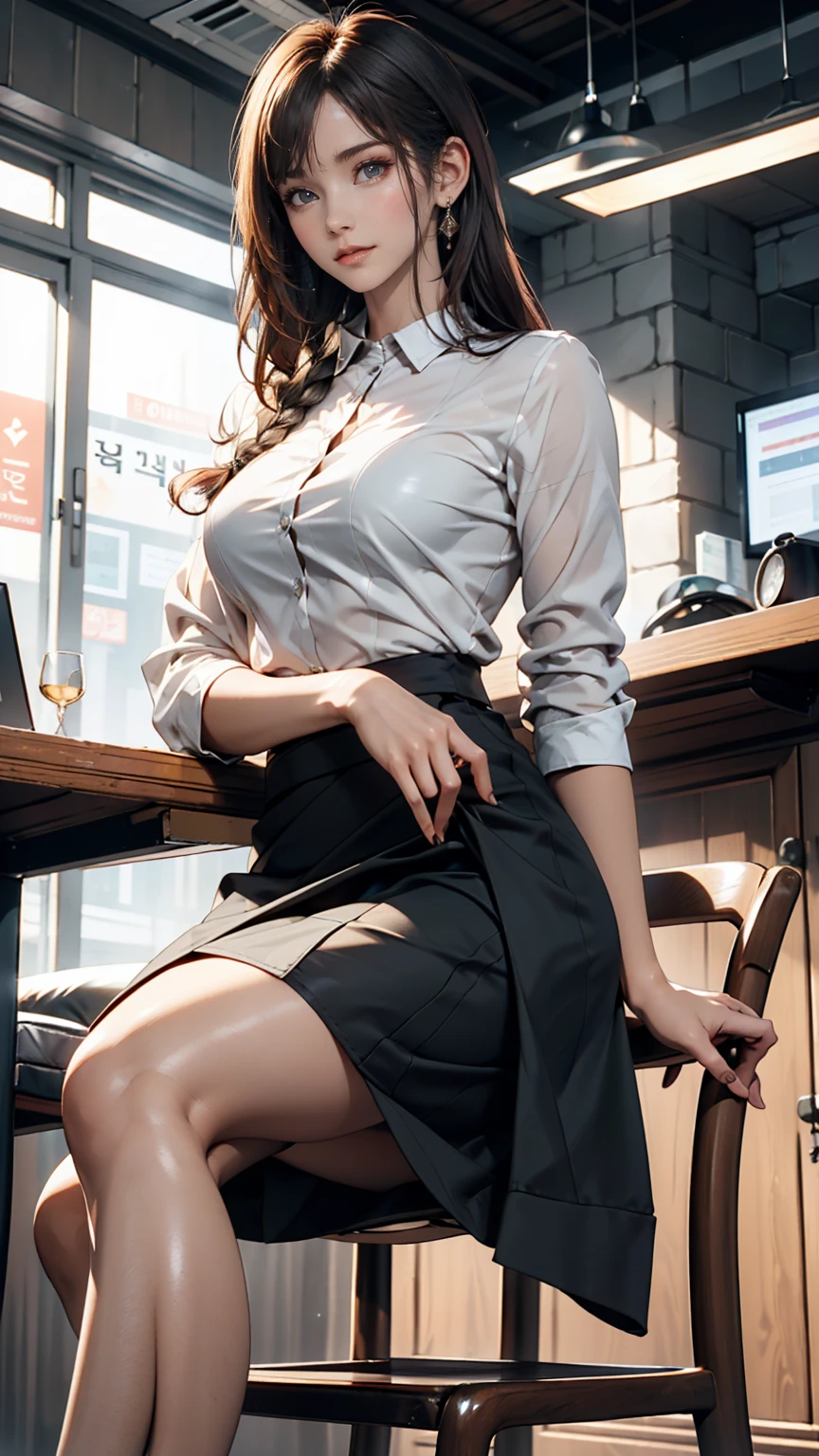 Wearing a black dress and sitting on a chair, Korean female fashion model, Transparent grey skirt(Full view of shorts), See-through mesh shirt, Chrome Clothing, Shiny silver, It&#39;s lucky that, Big Breasts, Highest quality, masterpiece, Ultra-high resolution, Realistic,Stiletto heels、Silver Hair、Multi braid((multiple braids))
