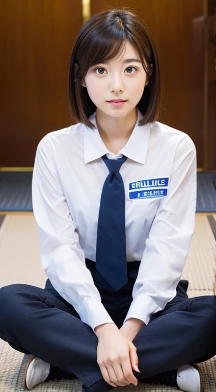 A beautiful Japanese woman, 23 years old、policewoman、Sitting on the floor、Standing upright and expressionless、unbuttoned shirt