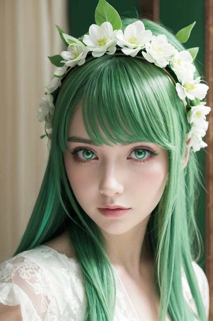 Beautiful white woman, green hair, green eyes, long hair, dressed up, flower on head