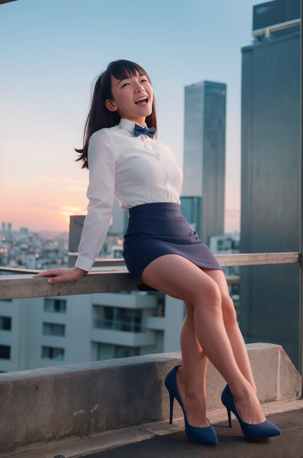 masterpiece, best quality, highres,detailed face,1girl, japanese,small breasts,smile,(simple business suit,jacket,pencil skirt:1.1),high heels,tokyo, rooftop, overlooking, bustling city, urban jungle, skyscrapers, panoramic view, sunset, skyline,windy,(orgasm:1.5),office,open mouth,from back,spread legs,windy