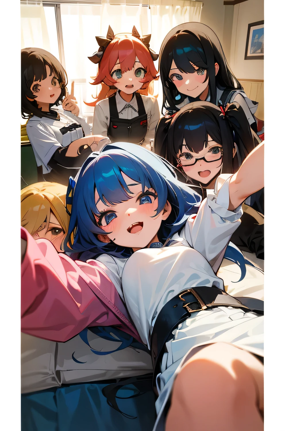 Group picture of 5 girls, 5 cute girls in the Dorm, differently designed girls, cute selfie, in the Dorm, funny and sexy, unique styles. Different emotions, lively image