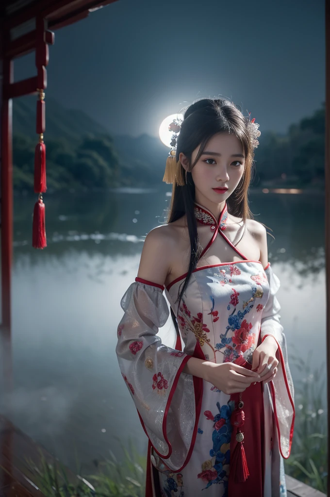 (masterpiece:1.2), Ultra Detailed, Ultra-high resolution, (Practical, photo Practical:1.37), High-resolution original color photos, Professional photos, Very delicate and beautiful, Very detailed, 8k wallpaper, wonderful, Finely, Huge file size, Very detailed beautiful girl, Very detailed face, Very detailed eyes, Very detailed skin, Very detailed fingers, Very detailed鼻, Very detailed口, Perfect anatomical structure, Very detailed背景, (Famous Japanese actresses:1.2), (Gal:1.5), (flat chest), (Brown people, dark skin:1.2), reflection, Low Angle, (kimono, Strapless, traditional building, night, Red Moon, FOG, contour, Expressionless, ghost, red fire, fantasy:1.3), High contrast,