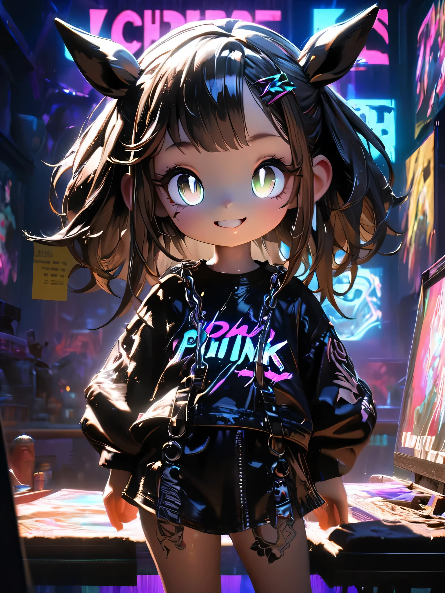 1 girl, chromatic aberration, Written boundary depth, Soft Light, masterpiece, Highest quality, complicated, Tone Mapping, Very detailed, Art Station, Concept Art, Smooth, Clear focus, Dramatic lighting, Very detailed artwork, movie, super practical painting, Art Station's trending, 8k, Incredible Shadows, practical, (Very detailed background:1.0), whole body, View, Viewers, Very detailed portrait of one girl 1, standing on street corner, Heavy rain and lightning、Dark Sky, neon and cyber punk background, she is dressed in punk clothing with silver chains and silver spikes, Her hair was dyed light brown......,The middle part is black, Detailed black eyes with clear pupils, Ominous aura of light, smile, punk, ciber punk, Backlight.、,Approaching the horse、horse woman.グラウンドを走るwhole body.The outfit is cute