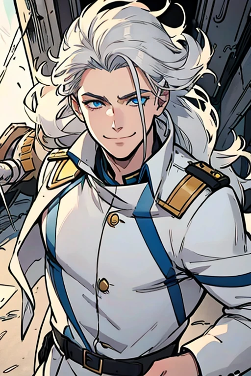 Perfect face. Perfect hands. A young white haired man with blue eyes and long hair in a white sheriff's uniform is exploring a mine with a big smile