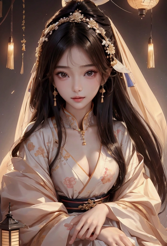 Best image quality、8k、masterpiece:1.3))、Realistic high-quality photos、Highest quality、 Beautiful face、Photos of slim models、Beautiful girl model、Young and pretty face、Beautiful model girl、A lovely and delicate face、Black Hair、Beautiful brown eyes、Young Body、Hanfu, (emphasize)、from the front、Camera gaze,、Anatomically correct、胸の谷間をemphasize、whole body、13-year-old female model、smile、Japanese women