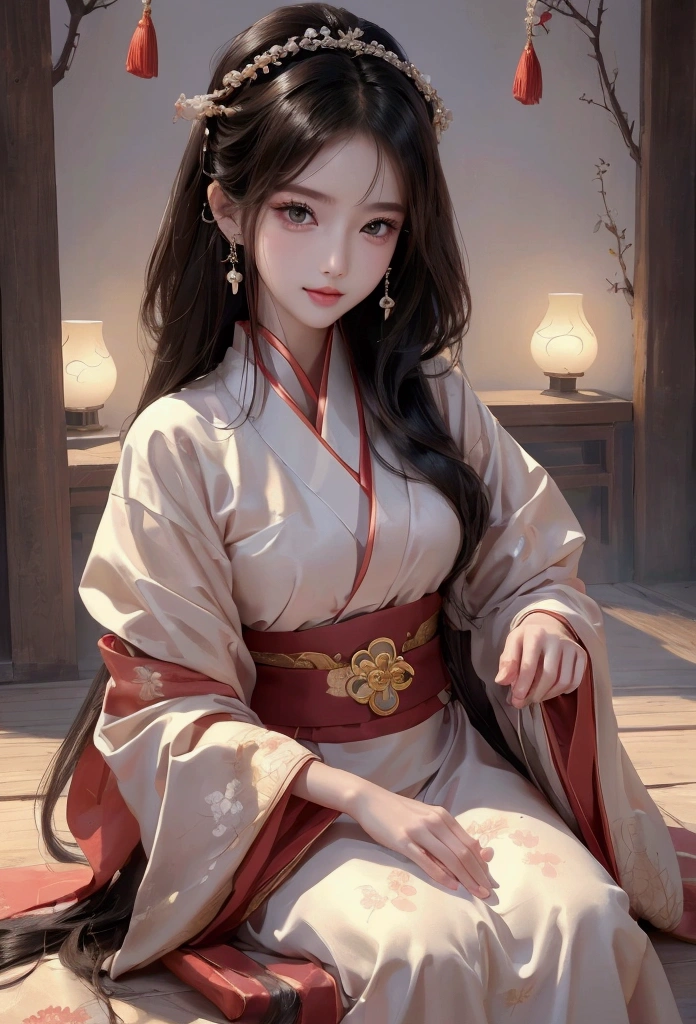 Best image quality、8k、masterpiece：1.3))、Realistic high-quality photos、Highest quality、 Beautiful face、Photos of slim models、Beautiful girl model、Young and pretty face、Beautiful model girl、A lovely and delicate face、Black Hair、Beautiful brown eyes、Young Body、Hanfu, (emphasize)、from the front、Camera gaze,、Anatomically correct、胸の谷間をemphasize、whole body、13-year-old female model、smile、Japanese women